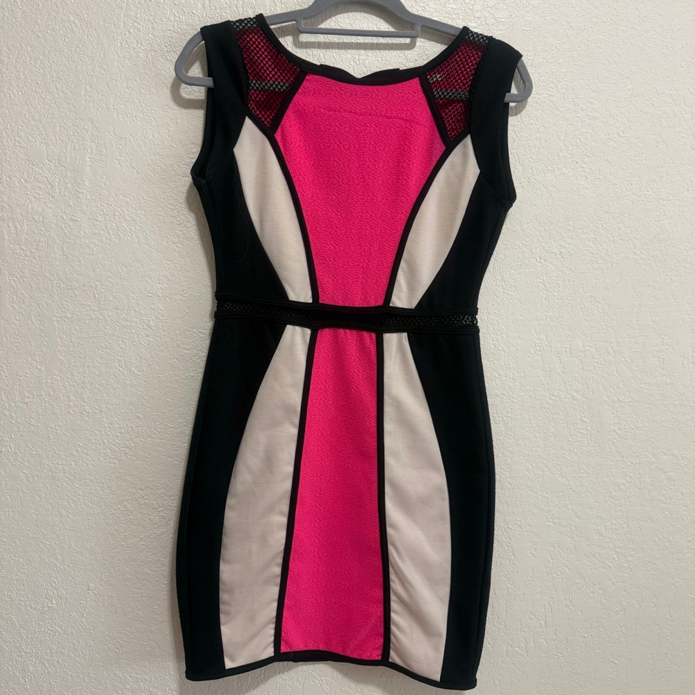 Retro Y2K Mustard Seed Hot Pink Black Colorblock Mesh Panel Bodycon Dress Size S